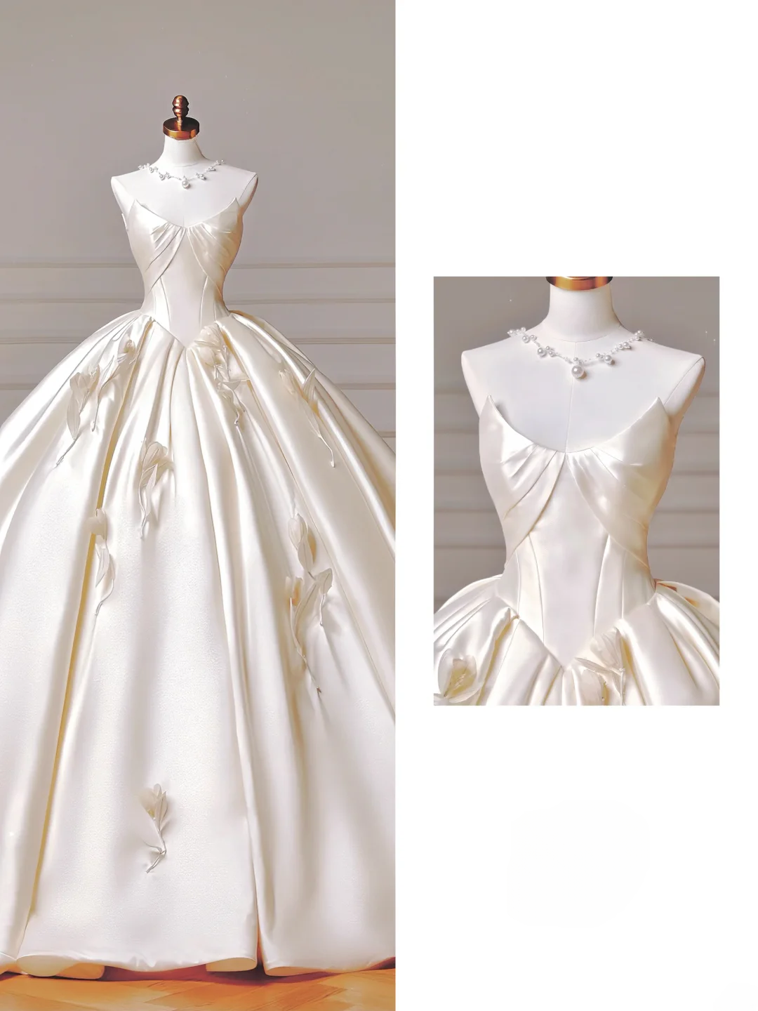 Robe de mariée longue de princesse, robe de bal, décolleté cœur, plissée en satin, manches amovibles, robe de mariée blanche AQ019