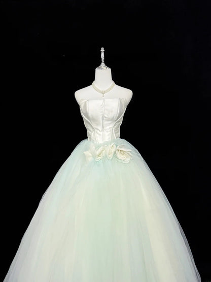 Fairytale Prom Dresses Ball Gown Strapless Mint Green Tulle With Flowers Evening Long Formal Dress RB7393