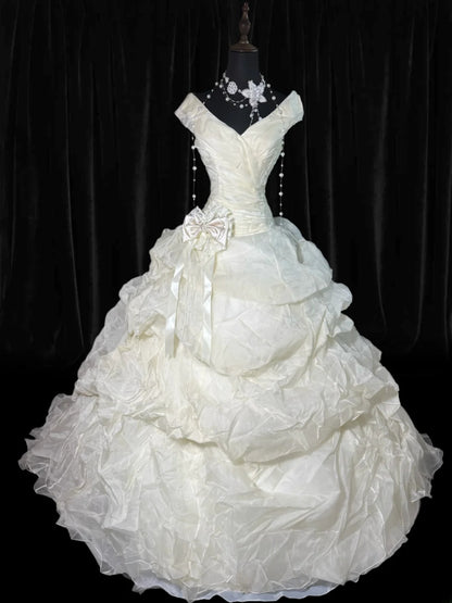 Robe de mariée taille basse années 1950/1940, robe de bal épaules dénudées à volants, blanche, tailles petites/grandes, pour femmes AS020