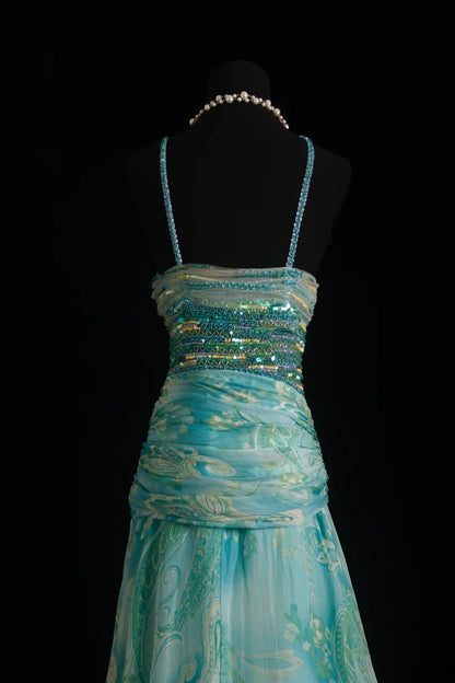 Vintage Prom Dresses 90s Formal Mermaid Halter Blue Chiffon Floral With Beadings Long Party Gowns Prom Dresses AS020