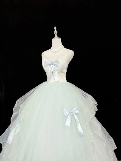 Fairytale Prom Dresses Ball Gown Spaghetti Strap Mint Green Tulle With Bow Evening Long Formal Dress RB7394