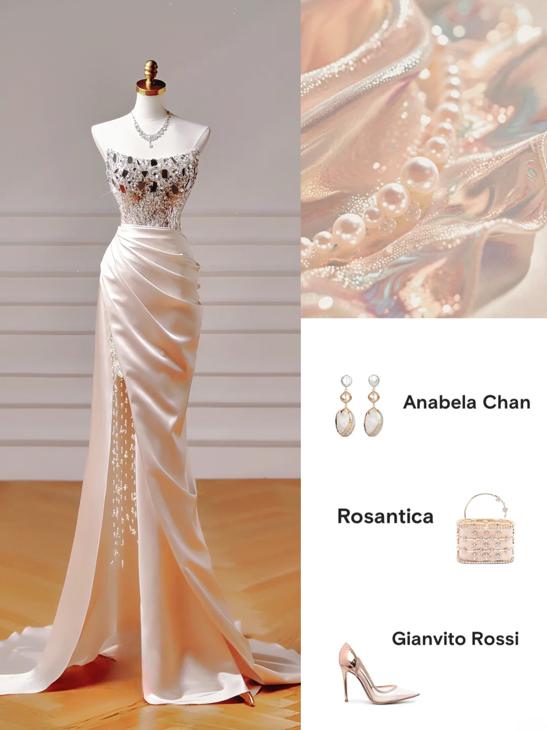 Robe de bal chic et élégante, coupe sirène, bustier, en satin rose poudré avec plis, perles et fente. Inspiration pour une robe de soirée longue et élégante, idéale pour les adolescentes et les lycéennes (AQ020).