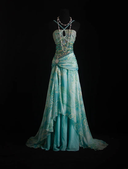 Vintage Prom Dresses 90s Formal Mermaid Halter Blue Chiffon Floral With Beadings Long Party Gowns Prom Dresses AS020