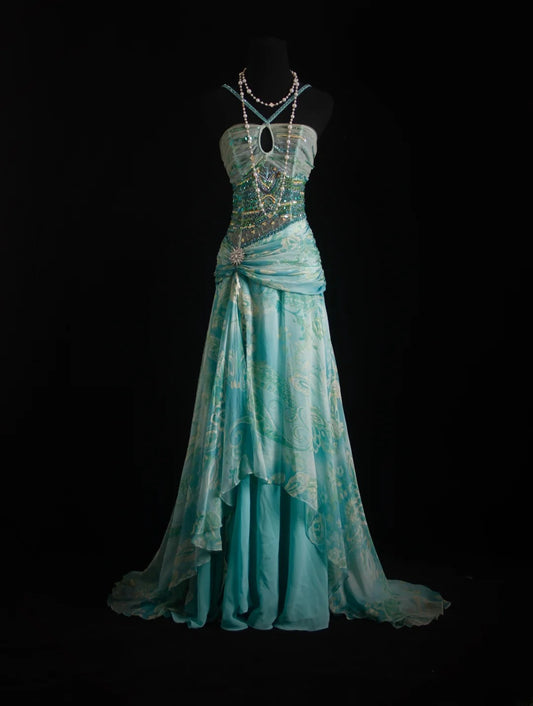 Vintage Prom Dresses 90s Formal Mermaid Halter Blue Chiffon Floral With Beadings Long Party Gowns Prom Dresses AS020