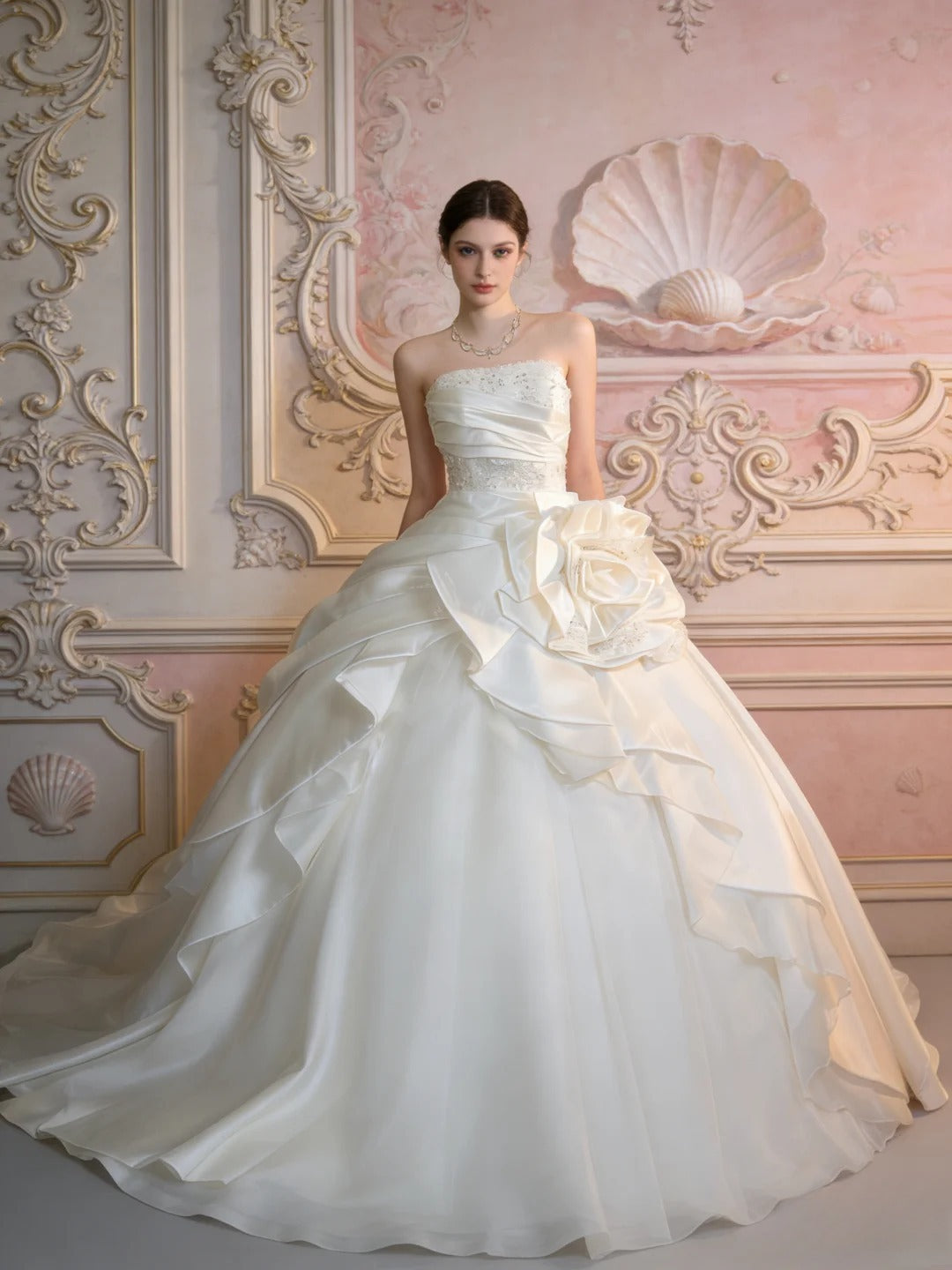 Ethereal Ball Gowns Strapless White Lace With Appliqued Lace Court Train Wedding Dresses RB3362