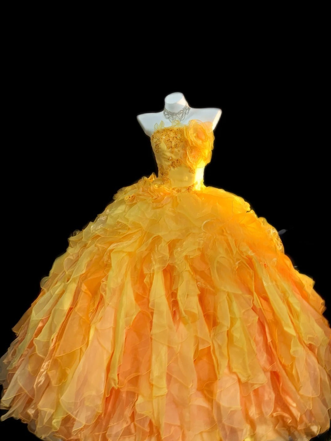 Princess Ball Gown Strapless Yellow With Tiered Layers Flowers Long Sweet 16 Dresses Quinceanera Dress RB3363