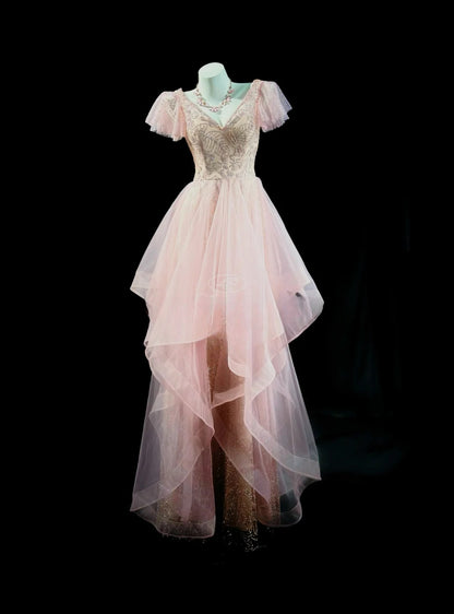 Refined Prom Dresses High Low V Neck Pink Tulle With Sleeves Evening Dress Formal Outfits RB5830