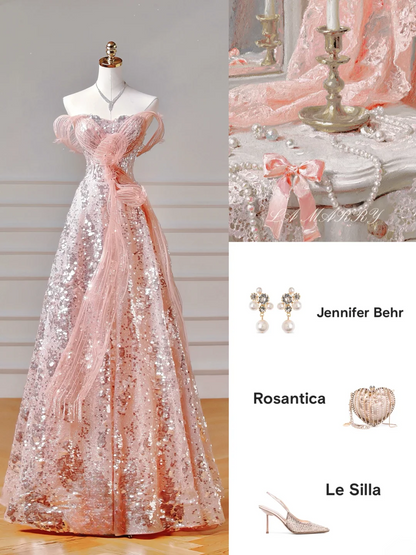Elegantes Ballkleid, schulterfrei, rosa Pailletten, Korsett, figurbetont, inspirierend, langes, formelles Partykleid für Teenager und Mädchen (AQ021)