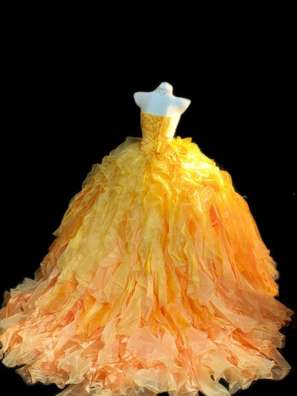 Princess Ball Gown Strapless Yellow With Tiered Layers Flowers Long Sweet 16 Dresses Quinceanera Dress RB3363