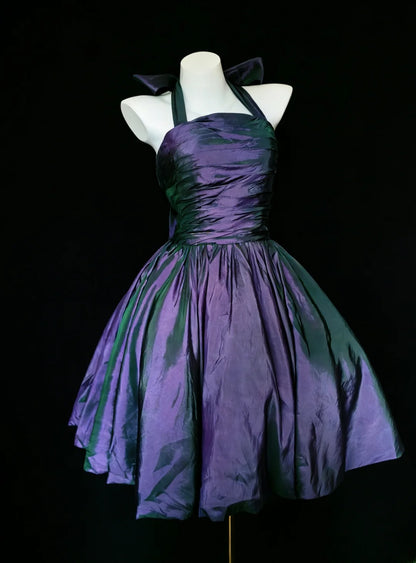 Vintage Ballkleid mit Neckholder, lila Taft, Hoco-Kleider, kurzes Kleid zum 16. Geburtstag, Homecoming-Kleider, Cocktailkleid AS021