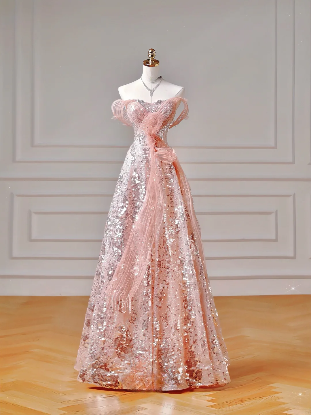 Elegantes Ballkleid, schulterfrei, rosa Pailletten, Korsett, figurbetont, inspirierend, langes, formelles Partykleid für Teenager und Mädchen (AQ021)