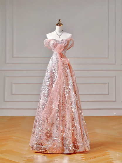 Elegantes Ballkleid, schulterfrei, rosa Pailletten, Korsett, figurbetont, inspirierend, langes, formelles Partykleid für Teenager und Mädchen (AQ021)