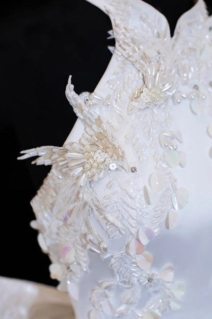 Prinzessinnen-Hochzeitskleider, elegant und schlicht für die Braut, Meerjungfrauen-Stil, hoher Kragen, Weiß, Brautkleider in kleinen/großen Größen für Damen SA021
