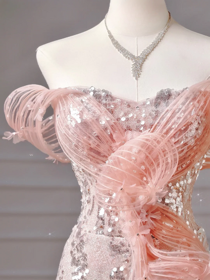 Elegantes Ballkleid, schulterfrei, rosa Pailletten, Korsett, figurbetont, inspirierend, langes, formelles Partykleid für Teenager und Mädchen (AQ021)
