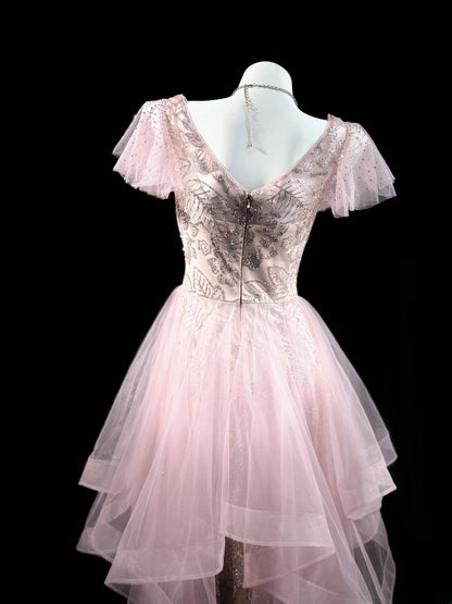 Refined Prom Dresses High Low V Neck Pink Tulle With Sleeves Evening Dress Formal Outfits RB5830
