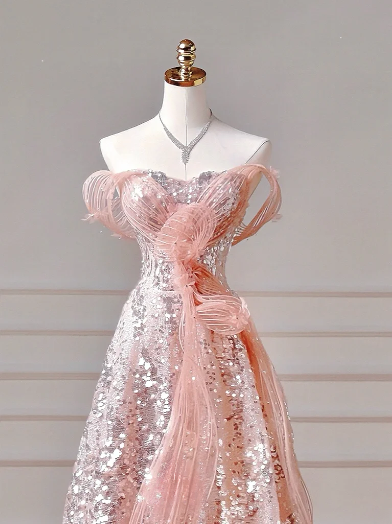 Elegantes Ballkleid, schulterfrei, rosa Pailletten, Korsett, figurbetont, inspirierend, langes, formelles Partykleid für Teenager und Mädchen (AQ021)