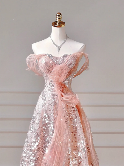 Elegantes Ballkleid, schulterfrei, rosa Pailletten, Korsett, figurbetont, inspirierend, langes, formelles Partykleid für Teenager und Mädchen (AQ021)