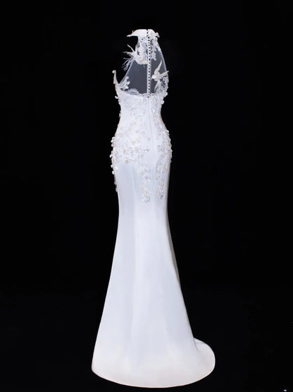 Prinzessinnen-Hochzeitskleider, elegant und schlicht für die Braut, Meerjungfrauen-Stil, hoher Kragen, Weiß, Brautkleider in kleinen/großen Größen für Damen SA021