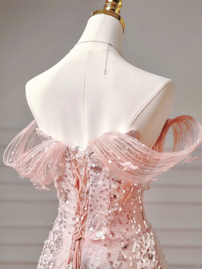 Elegantes Ballkleid, schulterfrei, rosa Pailletten, Korsett, figurbetont, inspirierend, langes, formelles Partykleid für Teenager und Mädchen (AQ021)