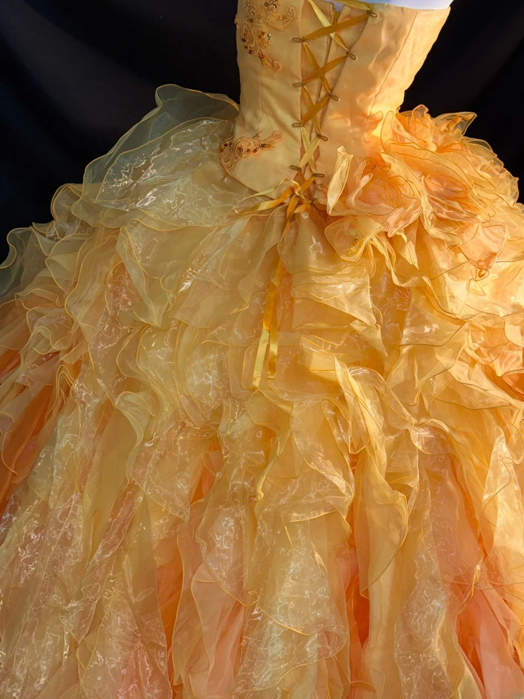 Princess Ball Gown Strapless Yellow With Tiered Layers Flowers Long Sweet 16 Dresses Quinceanera Dress RB3363