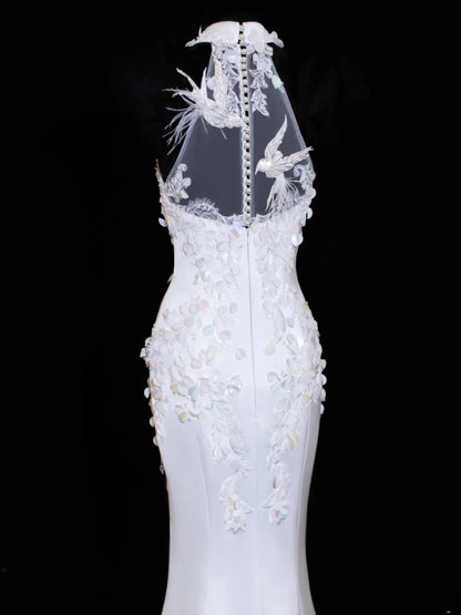 Prinzessinnen-Hochzeitskleider, elegant und schlicht für die Braut, Meerjungfrauen-Stil, hoher Kragen, Weiß, Brautkleider in kleinen/großen Größen für Damen SA021