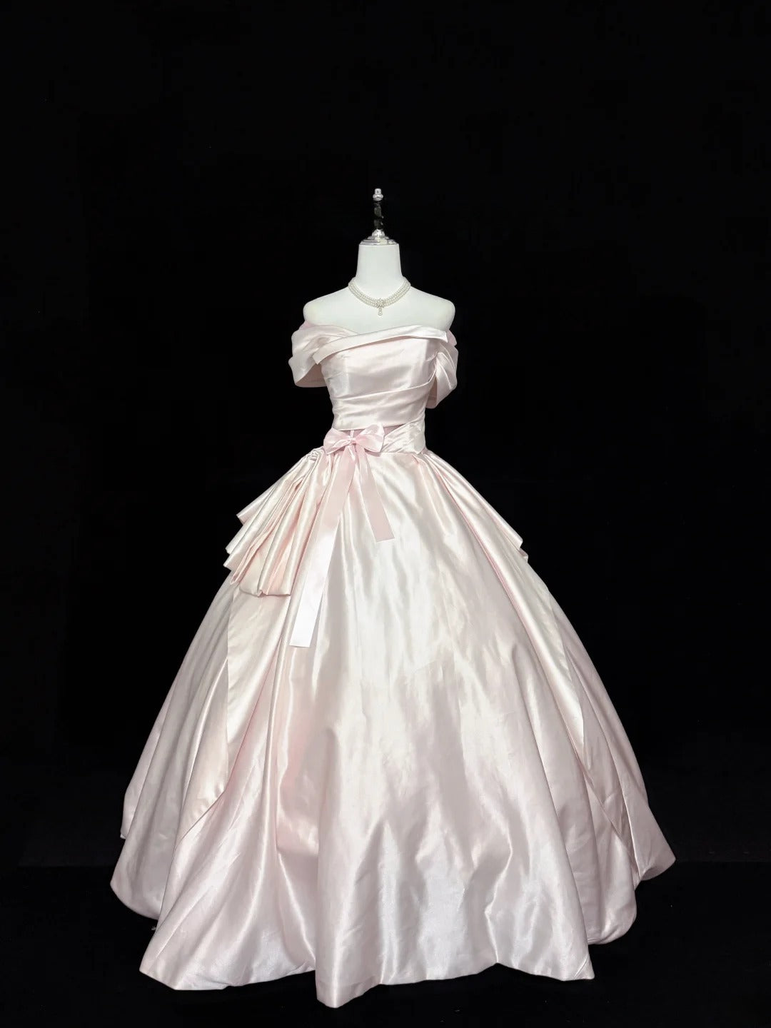 Fairytale Prom Dresses Ball Gown Off The Shoulder Pink Satin With Ruffles Evening Long Formal Dress RB7396