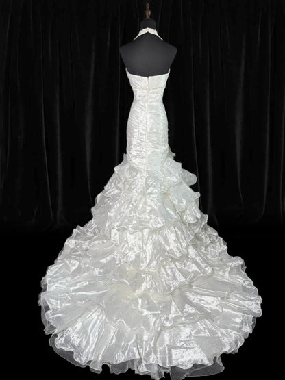 Robe de mariée sirène intemporelle pour femme, dos nu, sans manches, en taffetas blanc à volants plissés et perles, longue, style vintage années 1920, AS022