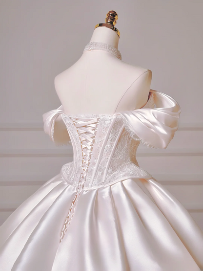 Robe de mariée longue de princesse, robe de bal, décolleté cœur, plissée en satin, manches amovibles, robe de mariée blanche AQ022