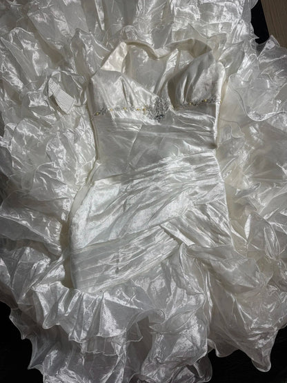 Robe de mariée sirène intemporelle pour femme, dos nu, sans manches, en taffetas blanc à volants plissés et perles, longue, style vintage années 1920, AS022