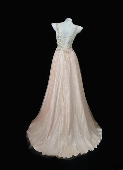 Refined Prom Dresses A Line V Neck Blush Pink Tulle With Flowers Evening Dress Formal Outfits RB5831