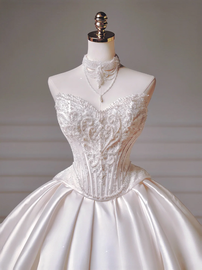 Robe de mariée longue de princesse, robe de bal, décolleté cœur, plissée en satin, manches amovibles, robe de mariée blanche AQ022