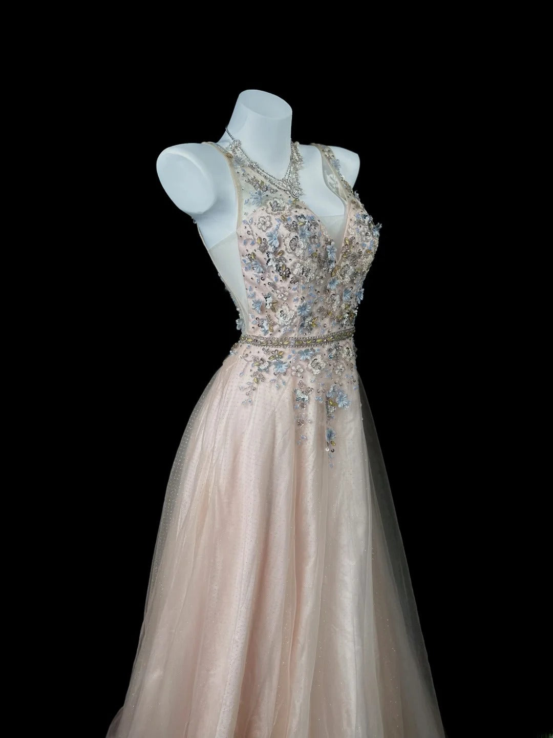 Refined Prom Dresses A Line V Neck Blush Pink Tulle With Flowers Evening Dress Formal Outfits RB5831