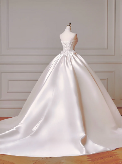 Robe de mariée longue de princesse, robe de bal, décolleté cœur, plissée en satin, manches amovibles, robe de mariée blanche AQ022