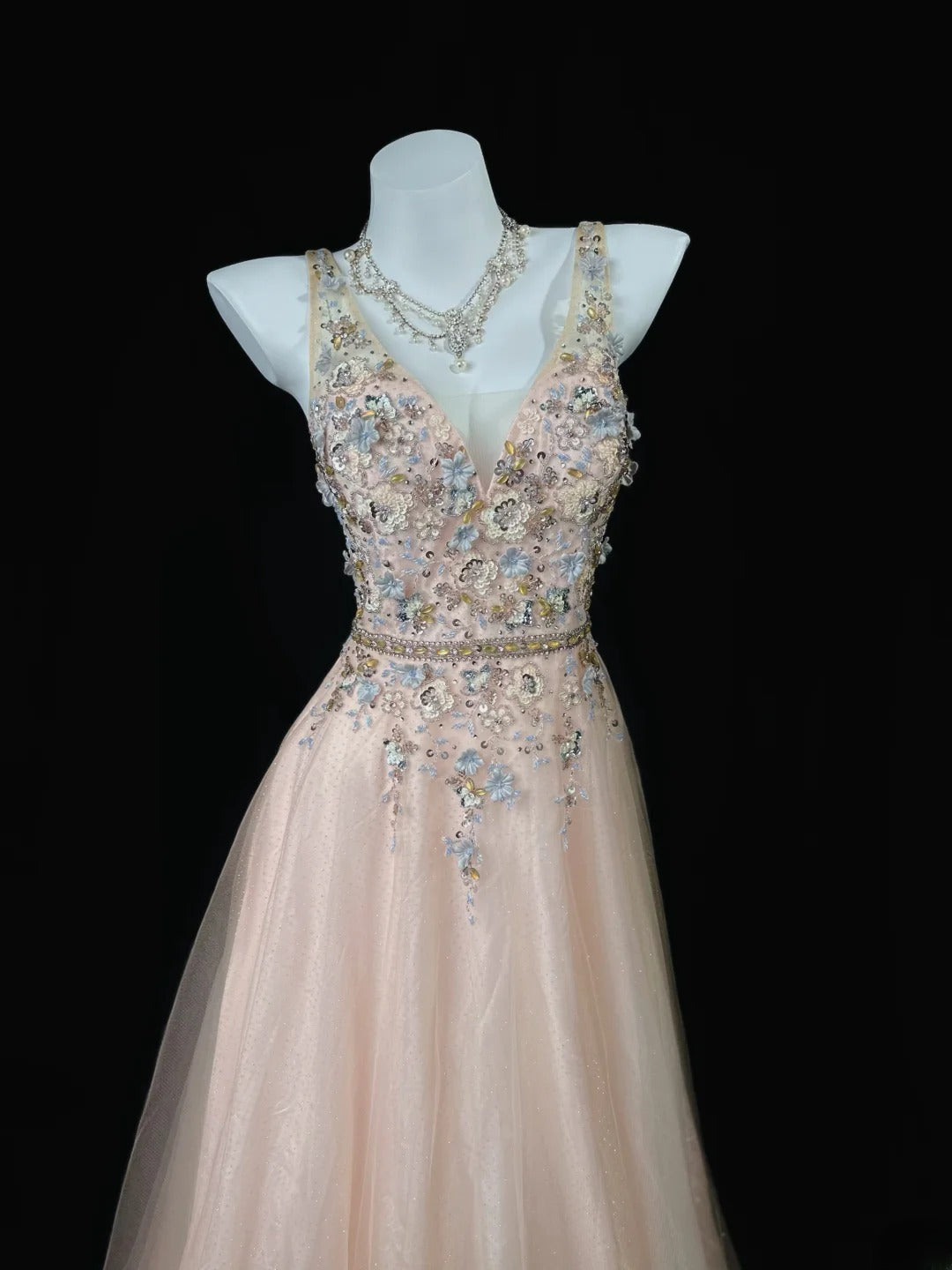 Refined Prom Dresses A Line V Neck Blush Pink Tulle With Flowers Evening Dress Formal Outfits RB5831