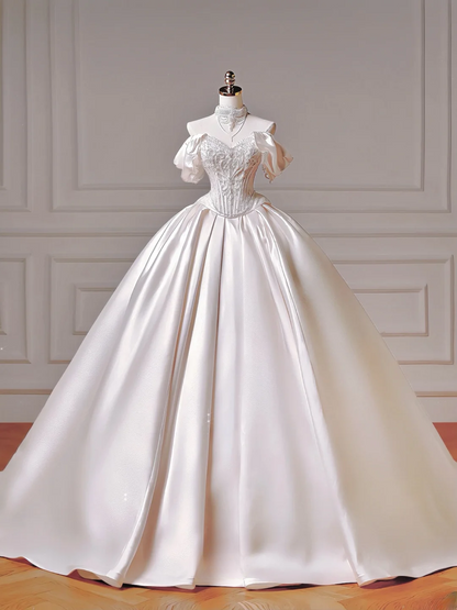 Robe de mariée longue de princesse, robe de bal, décolleté cœur, plissée en satin, manches amovibles, robe de mariée blanche AQ022