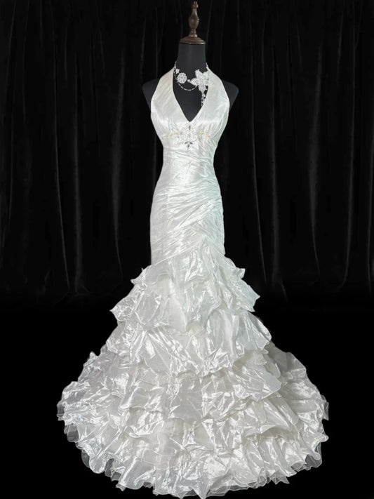 Timeless Women's Mermaid Halter Sleeveless White Taffeta Tiered Pleated With Beads Long Vintage Fitted 1920s Wedding Dresses AS022