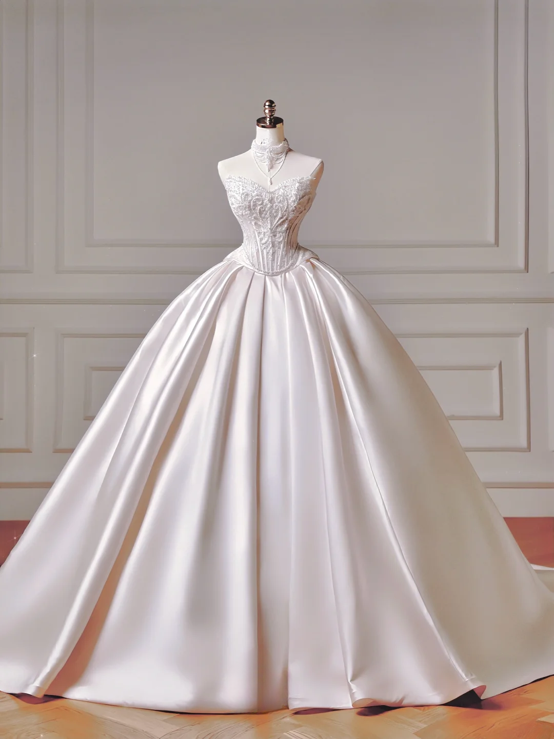 Robe de mariée longue de princesse, robe de bal, décolleté cœur, plissée en satin, manches amovibles, robe de mariée blanche AQ022