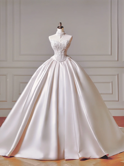Robe de mariée longue de princesse, robe de bal, décolleté cœur, plissée en satin, manches amovibles, robe de mariée blanche AQ022
