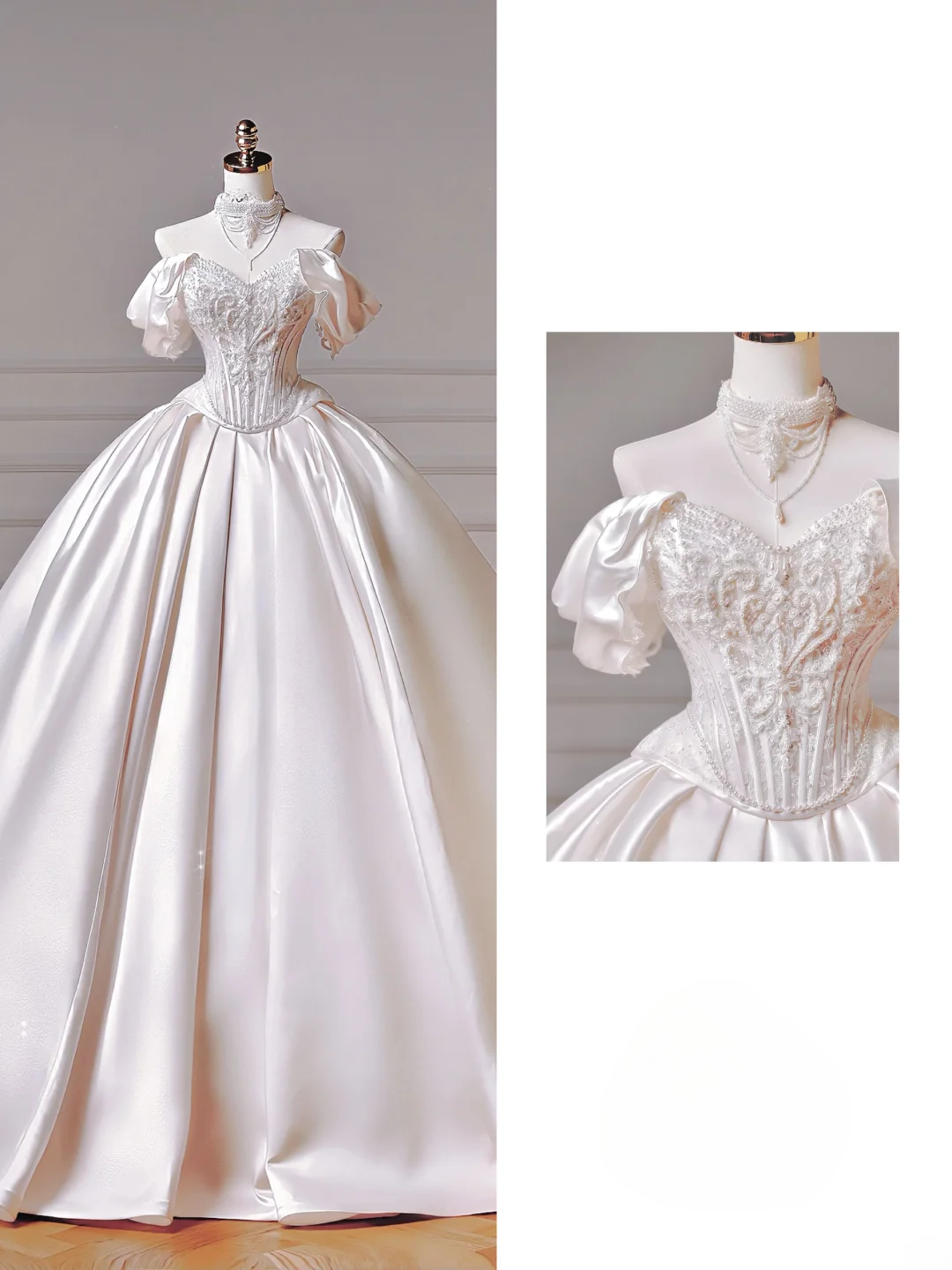 Robe de mariée longue de princesse, robe de bal, décolleté cœur, plissée en satin, manches amovibles, robe de mariée blanche AQ022