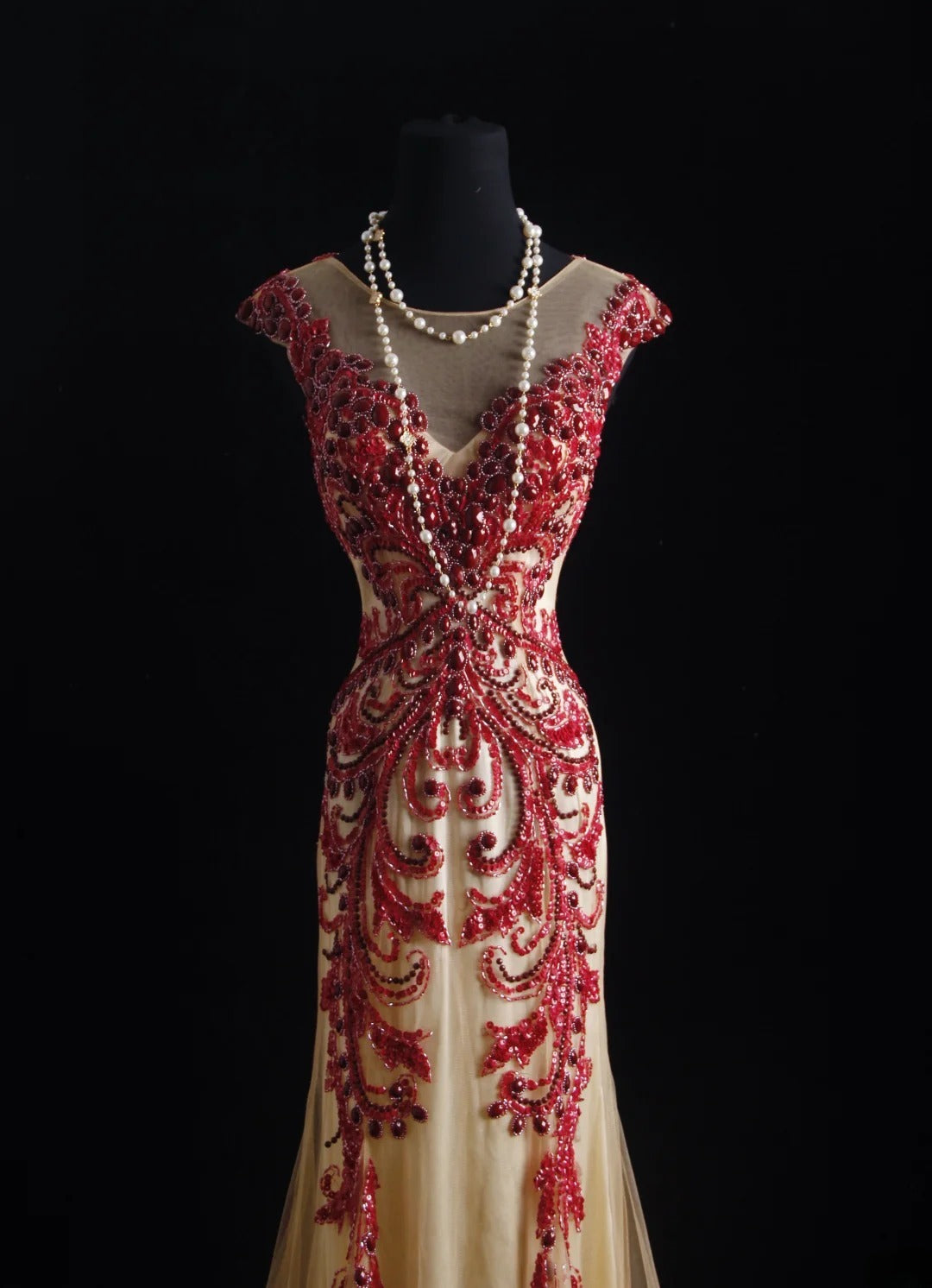 Robe de bal vintage années 90, coupe sirène, col rond, couleur champagne avec perles rouges, robe de soirée longue AS023
