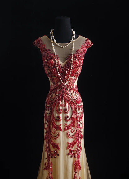 Robe de bal vintage années 90, coupe sirène, col rond, couleur champagne avec perles rouges, robe de soirée longue AS023