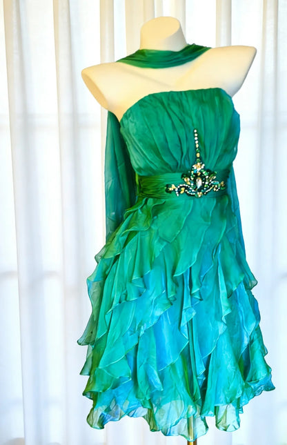 Vintage A-Linien-Kleid aus grünem Chiffon, trägerlos, kurzes Kleid für den 18. Geburtstag, Homecoming-Kleid, Cocktailkleid AS023