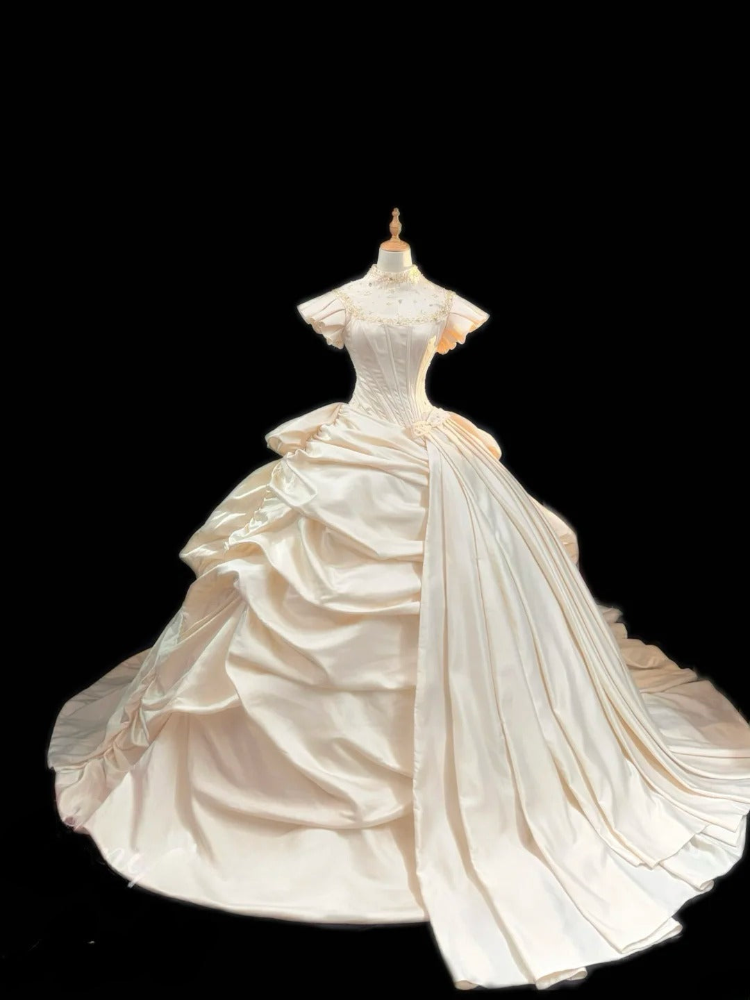 Ethereal Ball Gowns High Neck Ivory Satin With Gold Beading Court Train Wedding Dresses RB3365