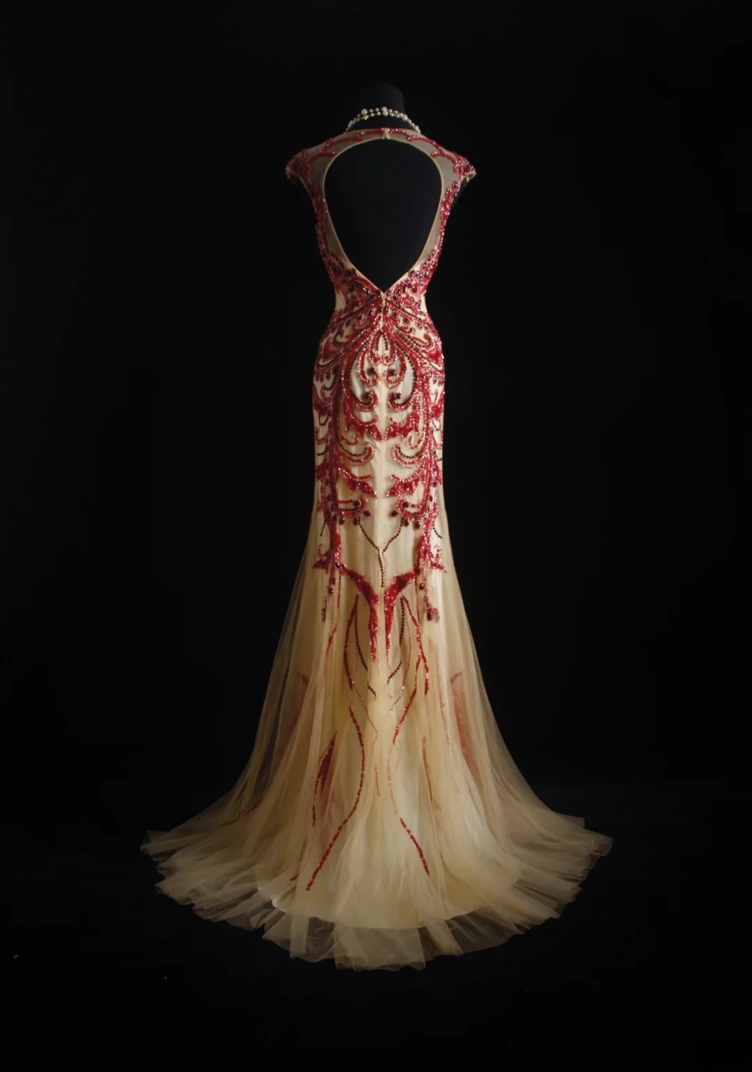 Robe de bal vintage années 90, coupe sirène, col rond, couleur champagne avec perles rouges, robe de soirée longue AS023