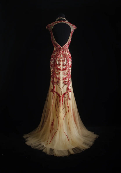 Robe de bal vintage années 90, coupe sirène, col rond, couleur champagne avec perles rouges, robe de soirée longue AS023
