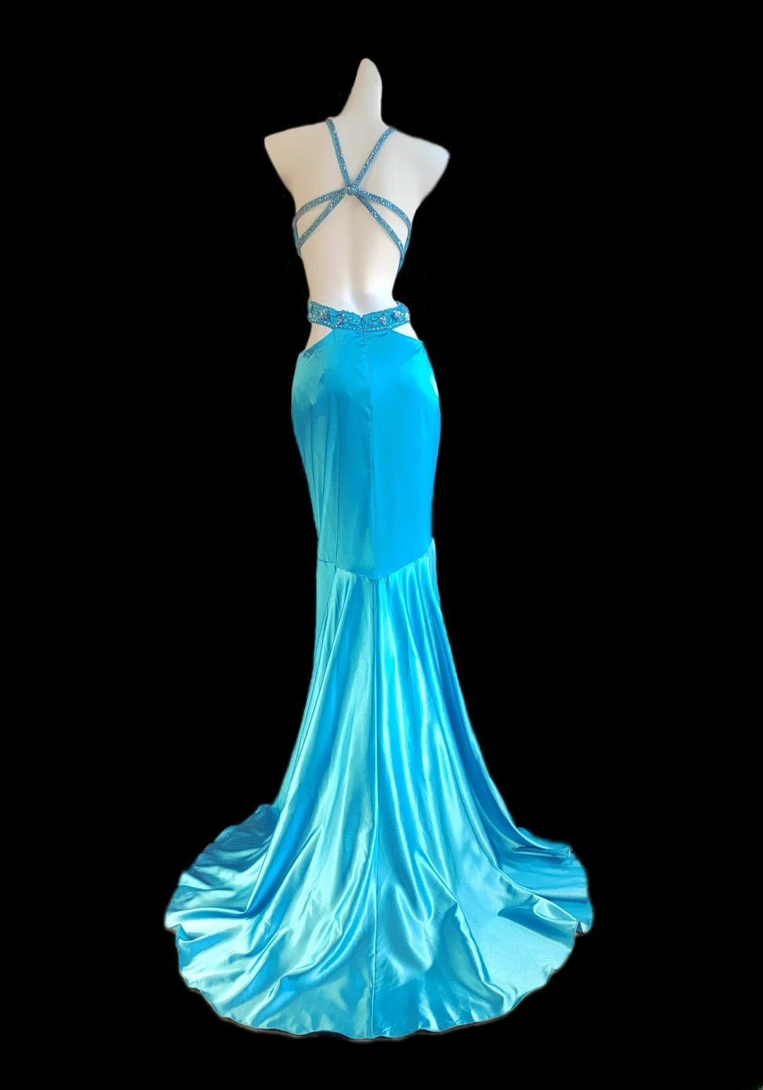 Robe de bal longue sirène classique en satin bleu clair sans manches, dos nu, asymétrique, style sirène, AS023