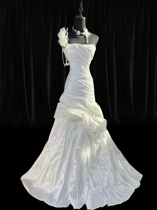 Vintage Wedding Gowns 1960s Dresses Simple Mermaid One Shoulder for Bride With Flowers Train White Petite/Plus Size Bridal Gown AS023