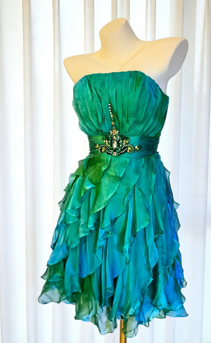 Vintage A-Linien-Kleid aus grünem Chiffon, trägerlos, kurzes Kleid für den 18. Geburtstag, Homecoming-Kleid, Cocktailkleid AS023
