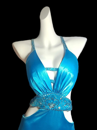 Robe de bal longue sirène classique en satin bleu clair sans manches, dos nu, asymétrique, style sirène, AS023