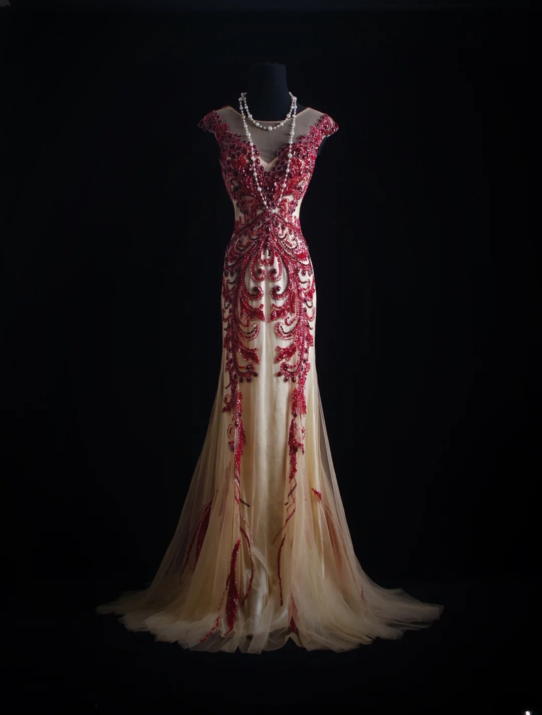 Robe de bal vintage années 90, coupe sirène, col rond, couleur champagne avec perles rouges, robe de soirée longue AS023